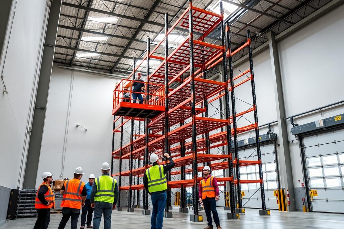 Installation crew assembling pallet racking beams in a new warehouse