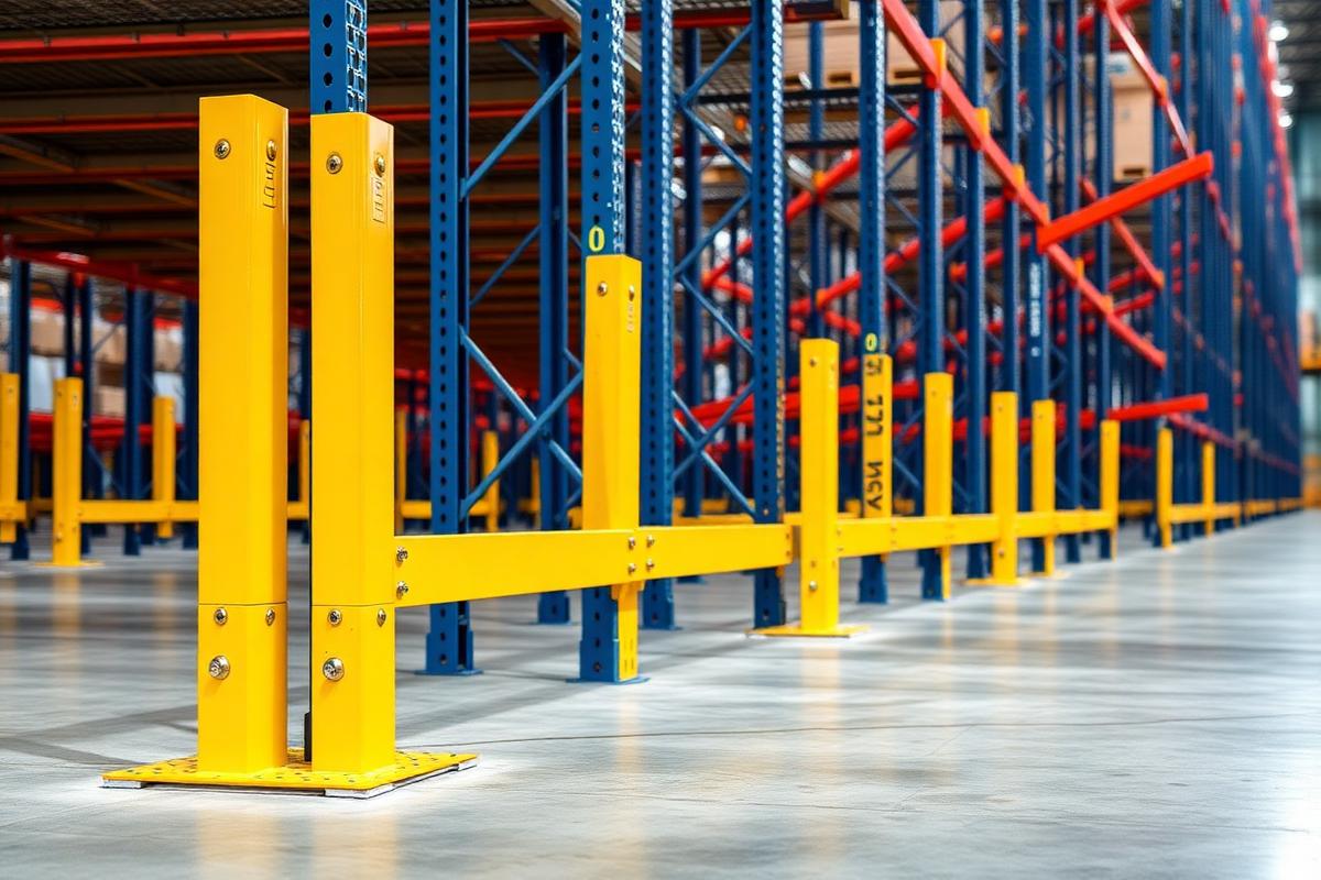 Yellow steel rack guards and barriers protecting pallet rack uprights