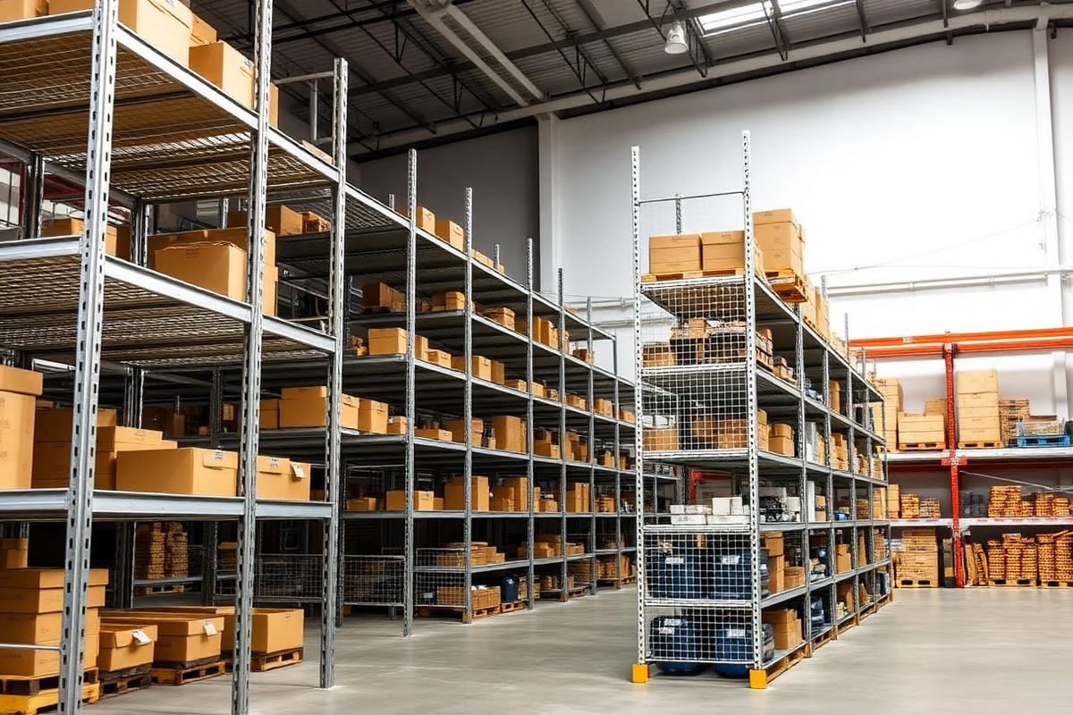 Rows of steel warehouse shelving holding cartons and bins